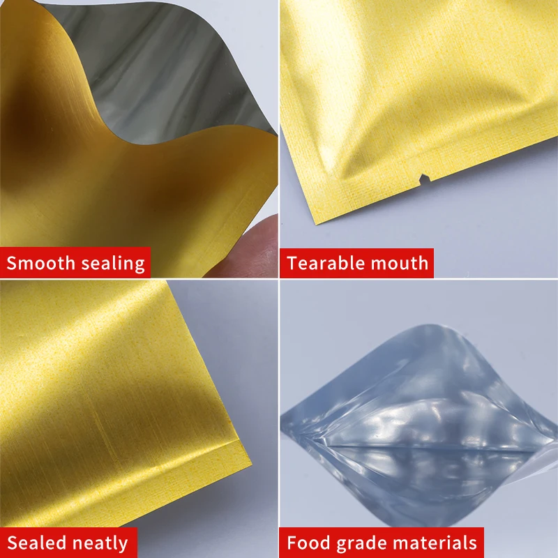 Food grade accept customized design printed three side heat seal aluminum foil golden foil packaging bag