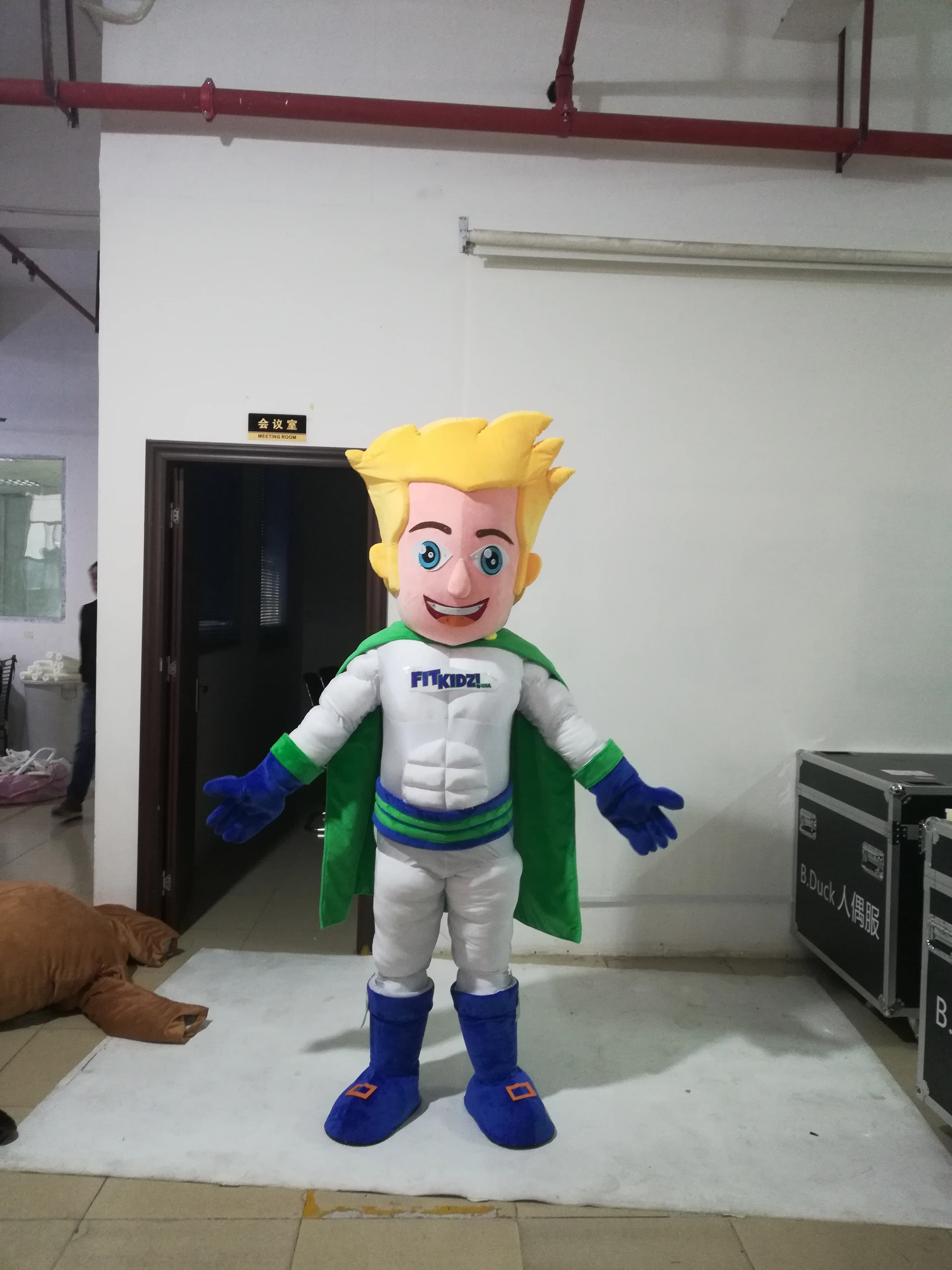 Popular adult yellow hair super hero superhero mascot costume with red cape for sale,color and logo can be changed as required.