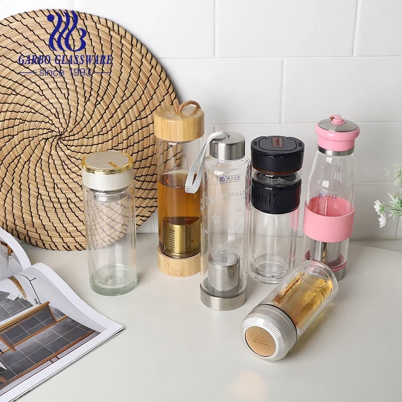 200ML 400ML 500ML High borosilicate double wall stainless steel strainer filter glass water bottle for tea and hot water
