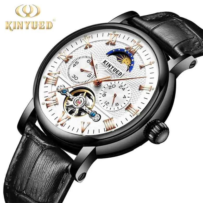 KINYUED Business Watch Men Automatic Clock Male Tourbillon Waterproof Top Brand Mechanical Watch Moon Calendar Relogio masculino