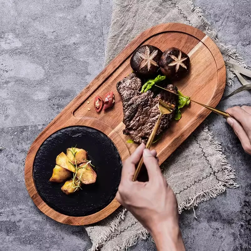 Beef Acacia wood slate western dinner plate oval steak wood tray sushi western food solid wood tray Slate Steak Board Platter