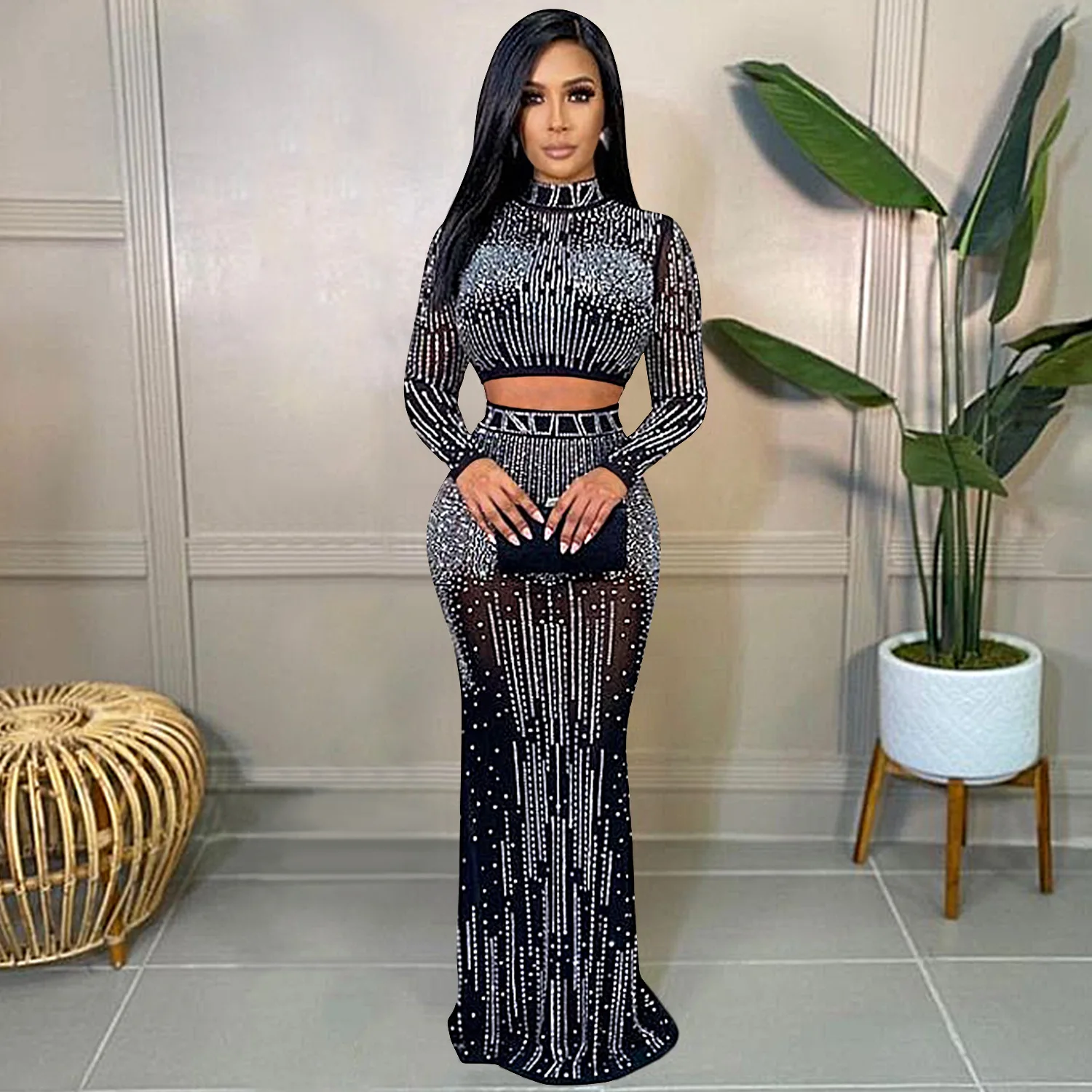 Youdo club dress X5379 2022 Nightclub Sexy O collar Mesh see-through long sleeve long skirt two-piece set
