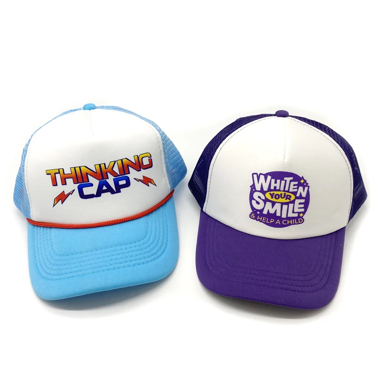 High quality Comfortable New Design 5-Panel Trucker Hats Custom  printing Logo Foam Trucker Hats blue and purple Mesh Caps