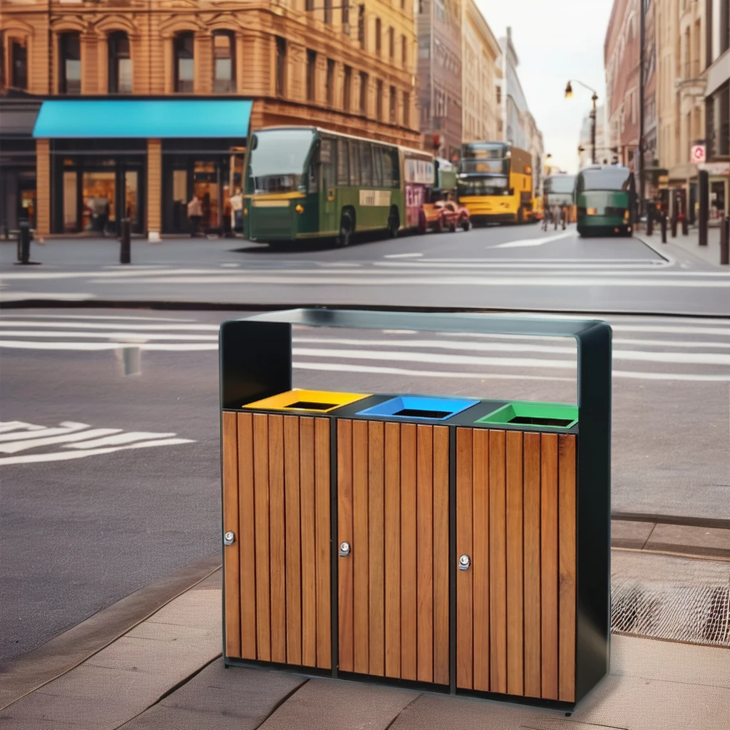 Commercial Outdoor Trash Can Bin 60L Rectangular Wood Nature Lid Plastic Stainless Colorful Open Mouth Design Storage