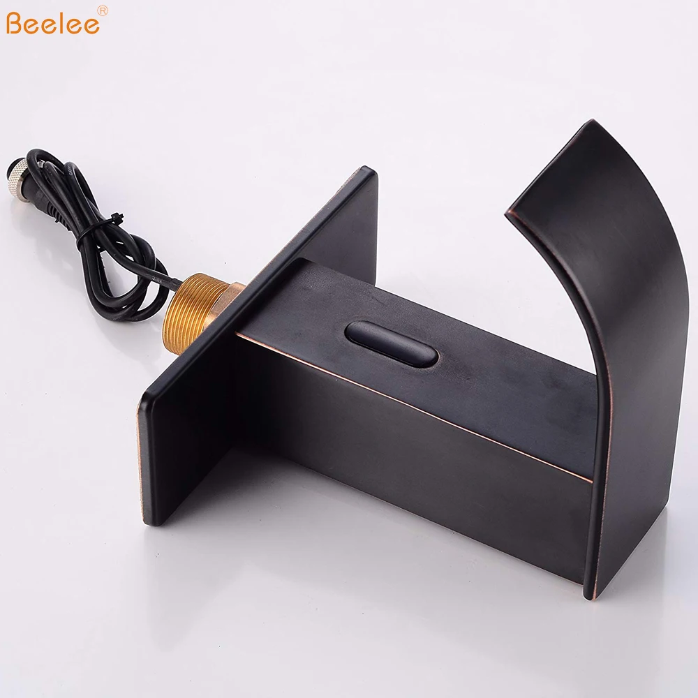 Beelee Oil Rubbed Bronze Auto Electronic Touchless Sensor Waterfall Bathroom Sink Vessel Faucet With Hole Cover Deck Plate
