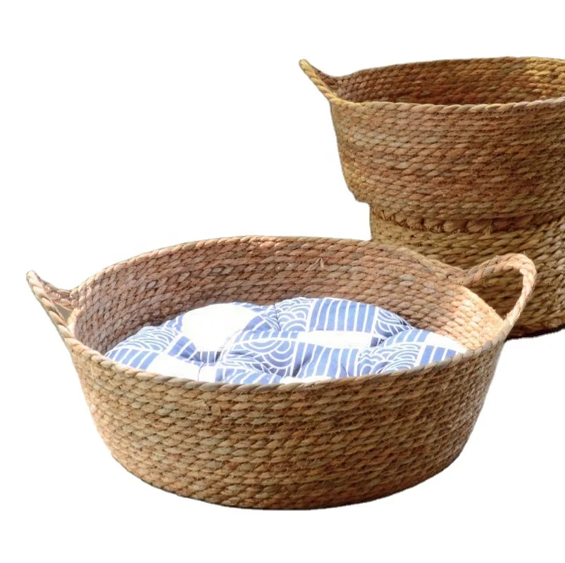 Hand Made Rattan Round Bed with Soft Cushion for Cats or Small Dogs Basket Pet House