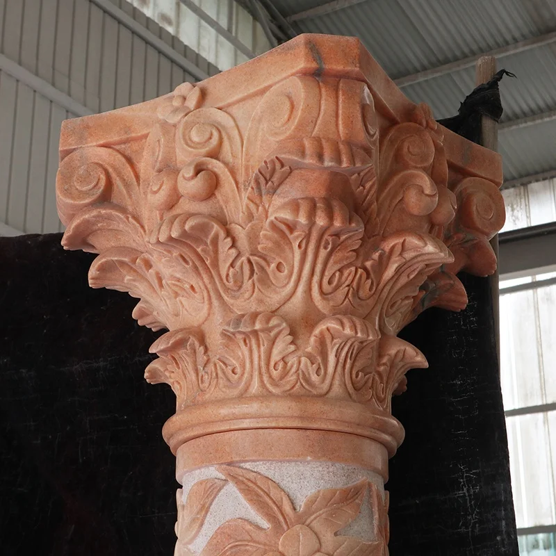 Custom Decorative Round Pillar Outdoor sunset red Marble Roman Columns