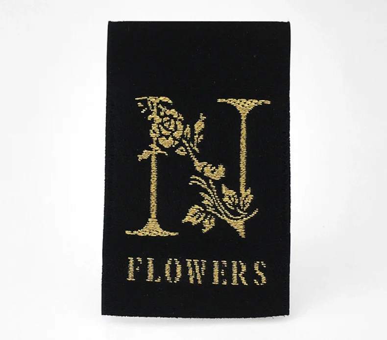 Recyled Flat Edge Damask Flower Gold Thread Security Garment Clothing T-shirt Private Woven Label With Serial Number