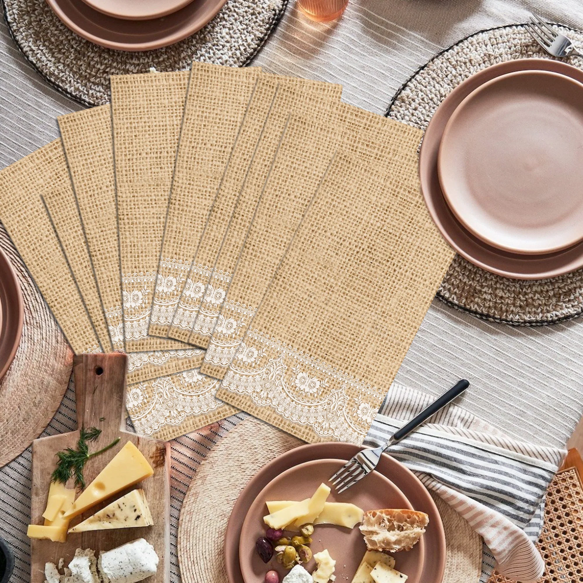 Huancai Burlap Printed Guest Napkins Brown White Lace Disposable Paper Dinner Napkin Bathroom Hand Towels for Party Supplies