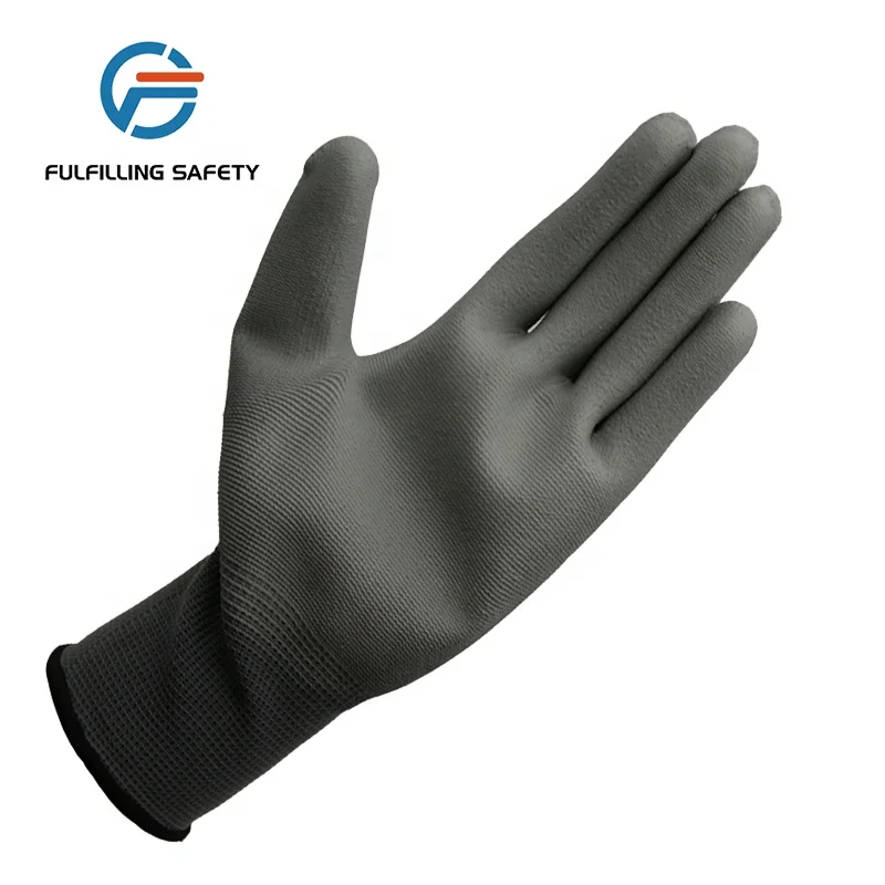 Working safety gloves polyester pu glove black nylon pu safety work gloves