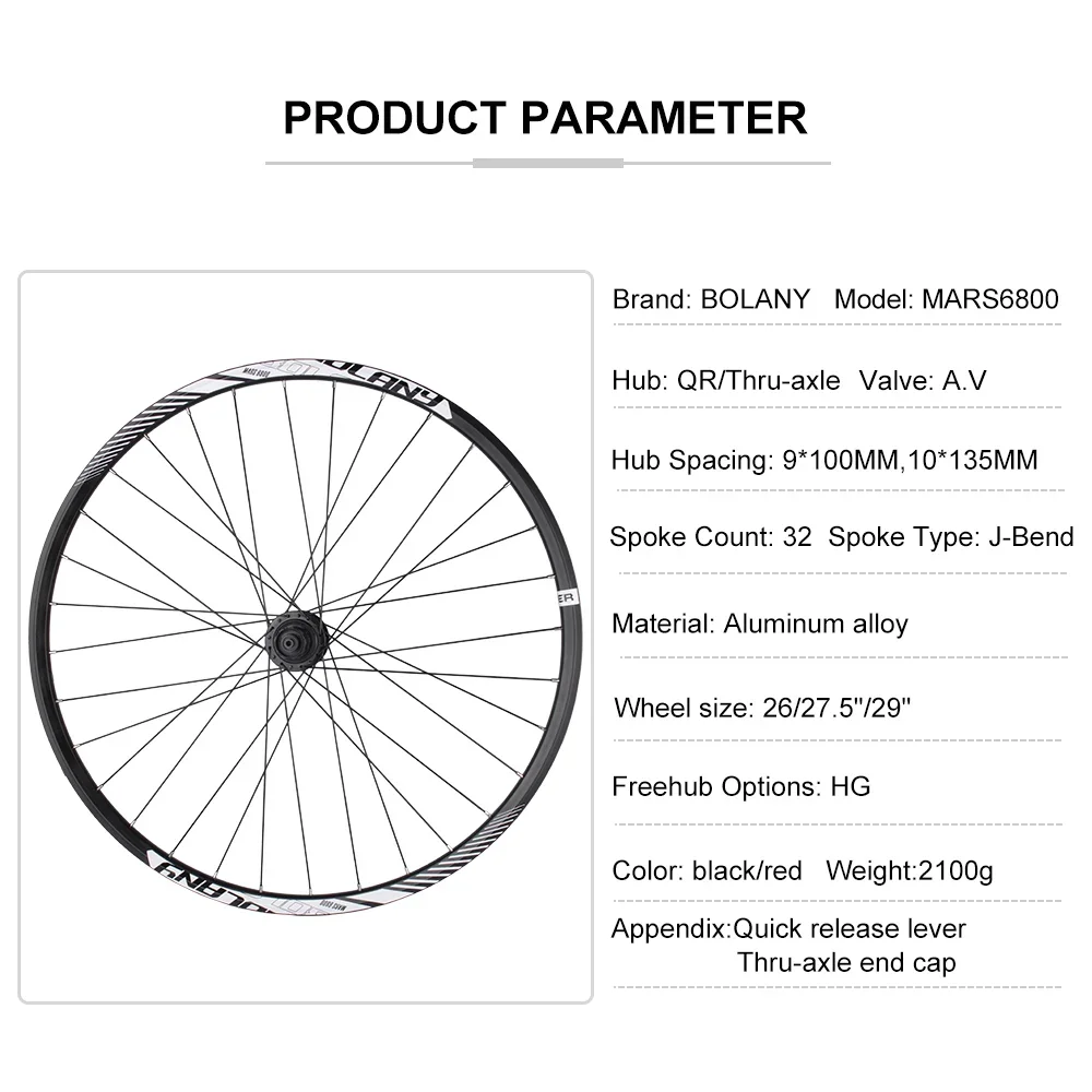 Bolany MTB Bike Wheelset 26/27.5/29 inch QR/Thru Axle Rims hubs HG Wheel 32 Holes Disc Brake Bearing Inner Tube 110*15 148*12MM