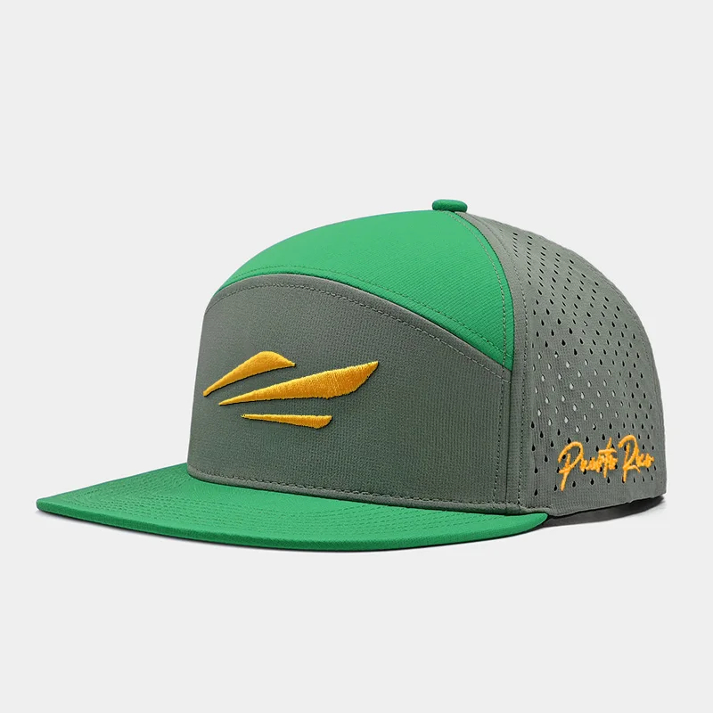 Wholesale 6 Panels Flat Bill Waterproof Melin hats with custom logo Water Resistant Perforated Laser Cutting Hole Snapback Cap