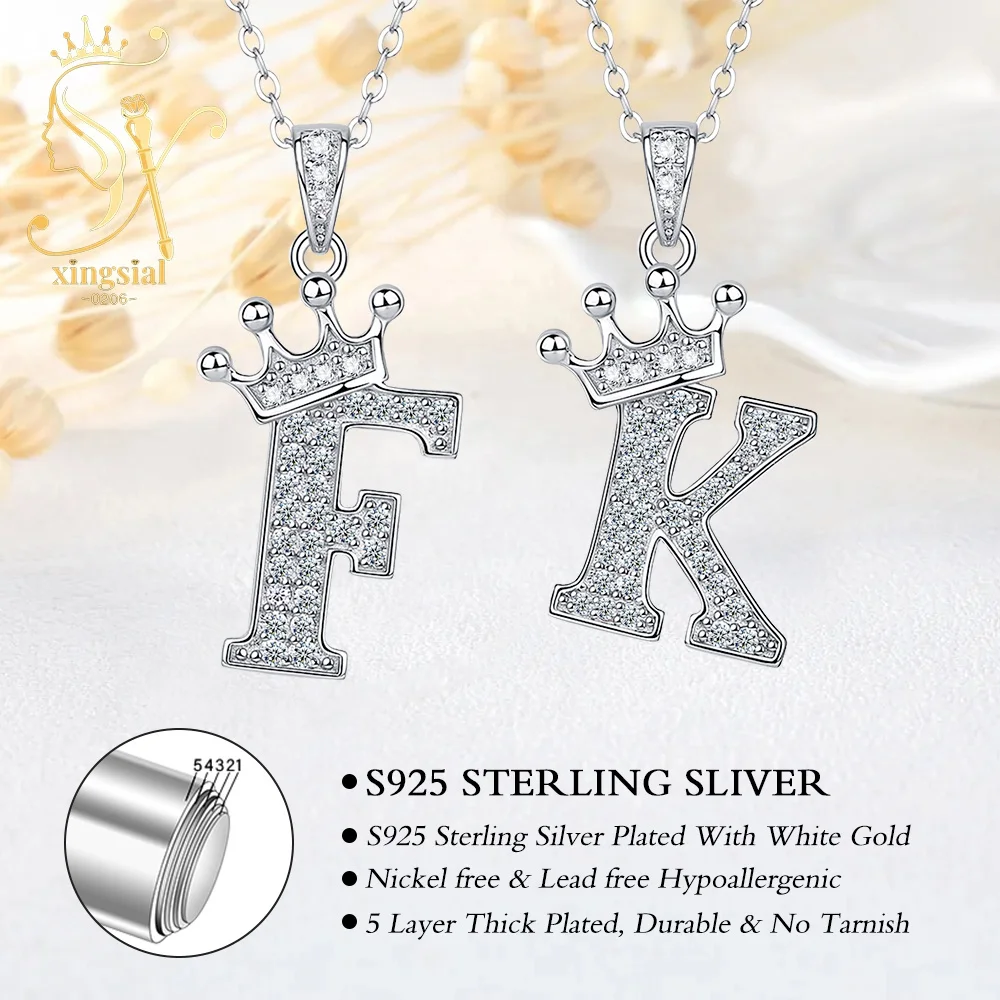Trendy Women Jewelry Gift GRA 925 Silver 18K Gold Plated Simulated Diamond Crown A-Z Initial Pendant Moissanite Letter Necklace