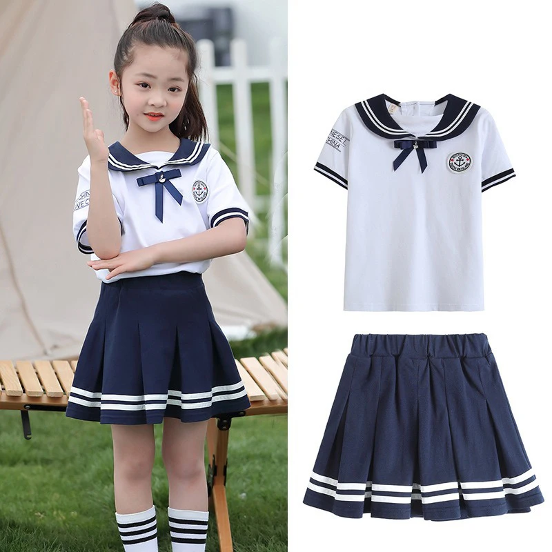 custom design beautiful skirt summer 2 pieces uniform unisex men adults white shirt pleated skirt school uniform set for girls