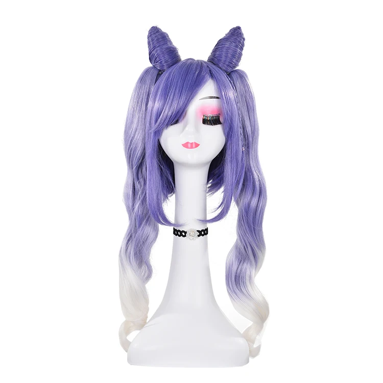 Оптовая продажа длинный кудрявый фиолетовый синий смешанный ударный Аниме парик Keqing Peluca синтетические парики для косплея с двумя хвостиками