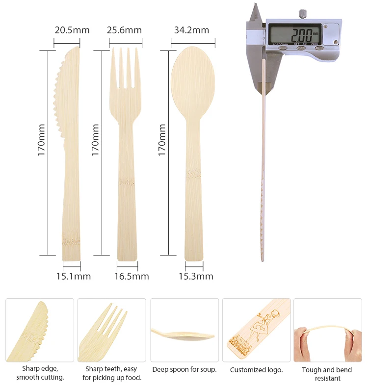 100% Biodegradable Disposable 170mm Bamboo Forks Spoons Cutlery Set