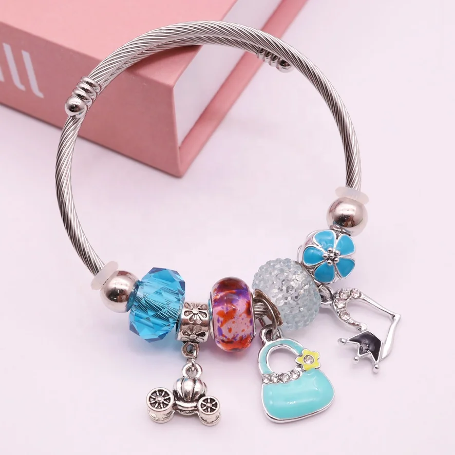 Handmade Car Heart Dangle Blue Natural Beads Stainless Steel Charms Twisted Open Bracelets