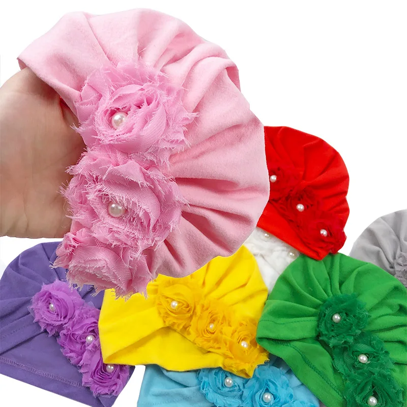 Flower Design Baby Turban Hats Solid Color Soft Cloth Caps for Newborn Baby Girls