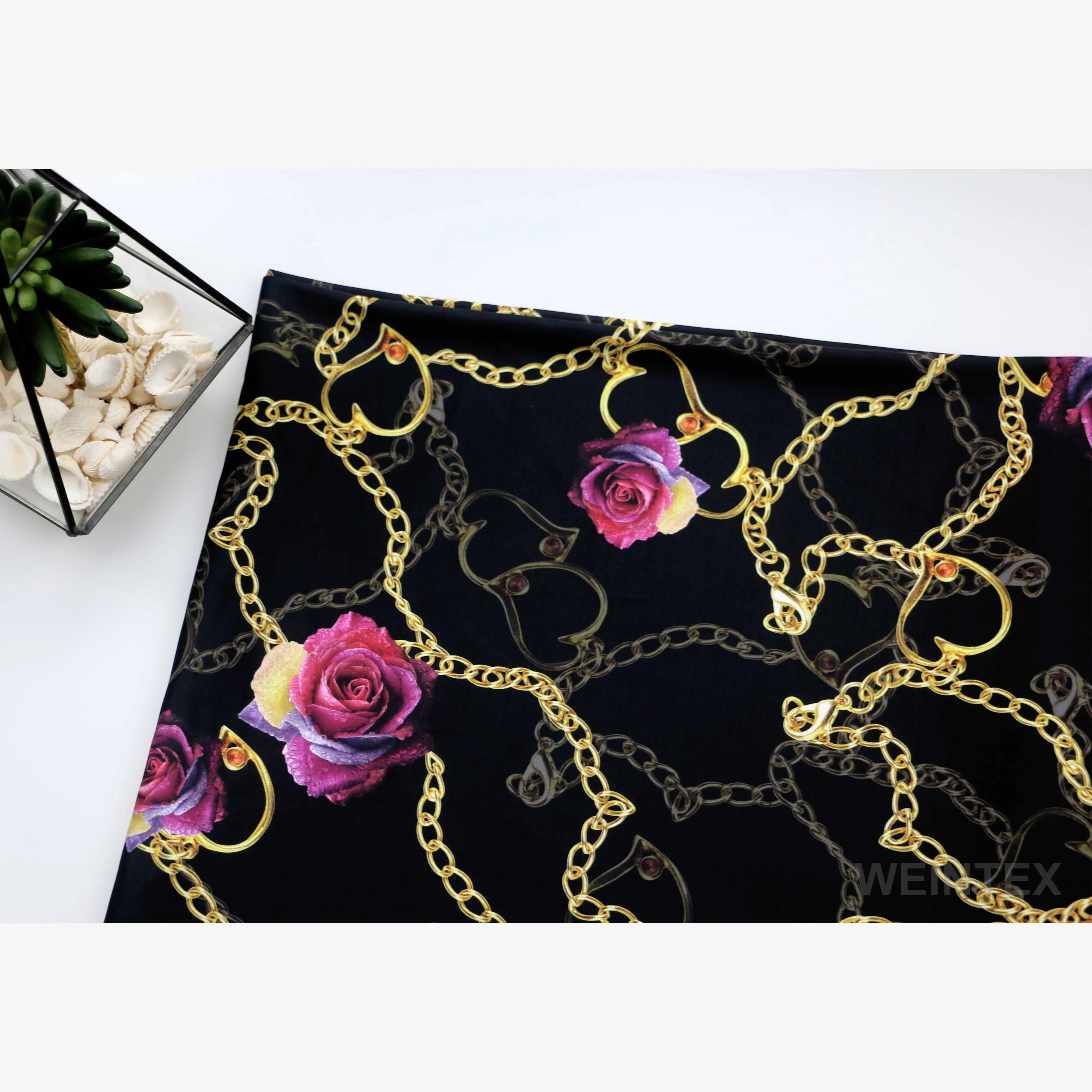 WI-E03-SM068 Custom gold chain and rose printed polyester spandex blend stretch satin fabric for abaya dress
