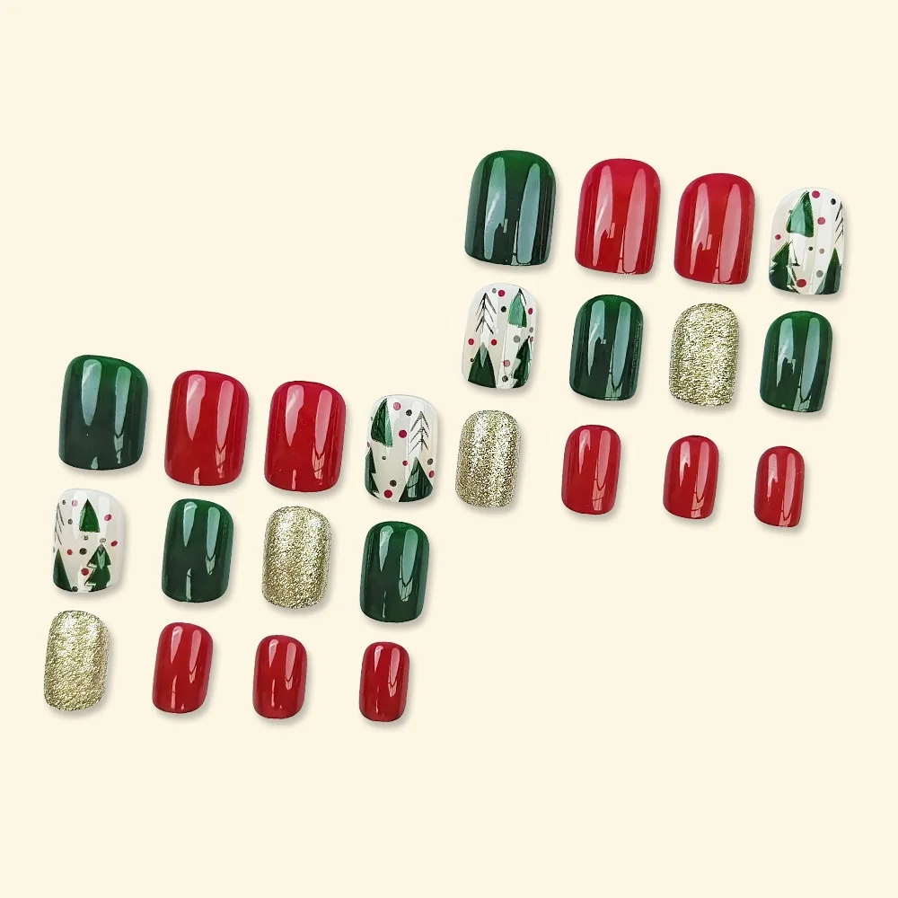 Jump Color Christmas Style Tree 24 pcs Box Short Square Press On Nails with Tool Kits