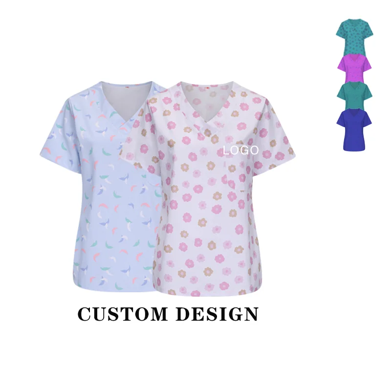 Wholesale 100% Pure Cotton Nature Pattern Surgical Uniforms Custom Printed Scrubs  Uniform for Unisex