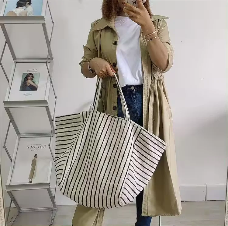 New Style Eco Friendly Reusable Shopping Shoulder Stripe Large Capacity Canvas Tote Bag With Custom Logo