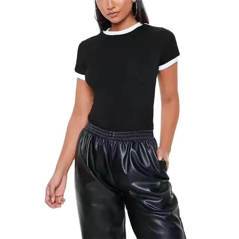 Wholesale Casual Sexy Black And White Crewneck T-shirt Plain Side stitching Tee Baby T Shirts Sport Crop Top Fitness T Shirts