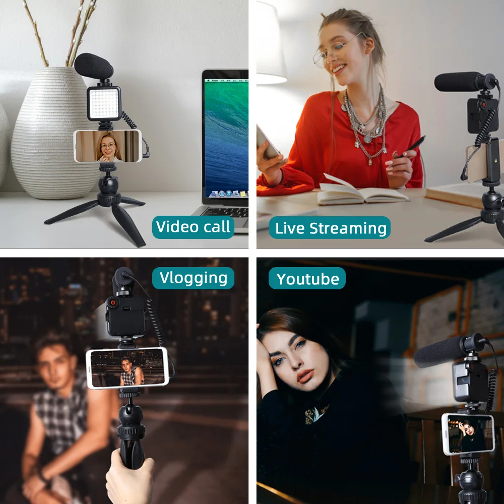 
Studio Mic Desktop Handheld Microphone with LED Light for Camera Record Vlog Communication Video 