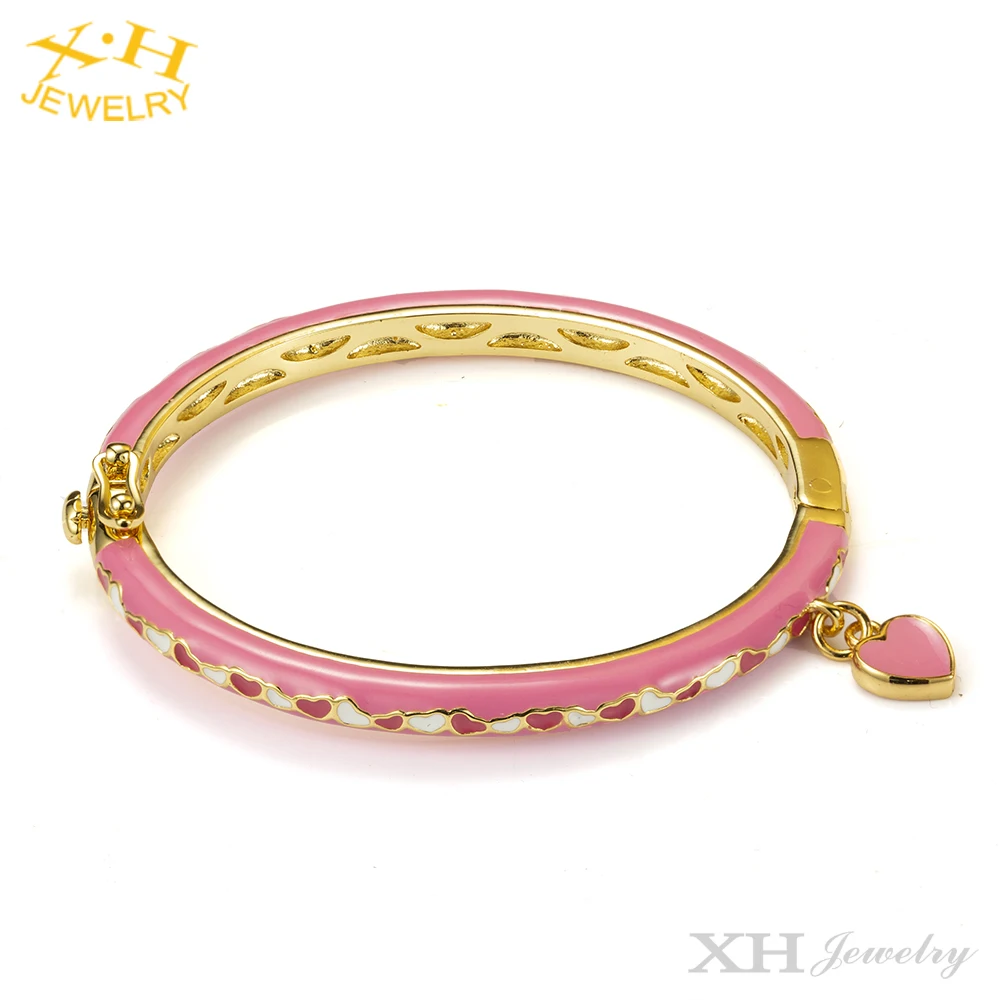 High Quality Kids Jewelry Colorful Love Heart Flower Enamel Brass Bangle Gold Plating