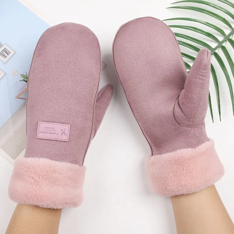 Wholesale Winter Cute Thick Plush Warm Suede Leather Mittens Gloves For Lady Girl With Lanyard