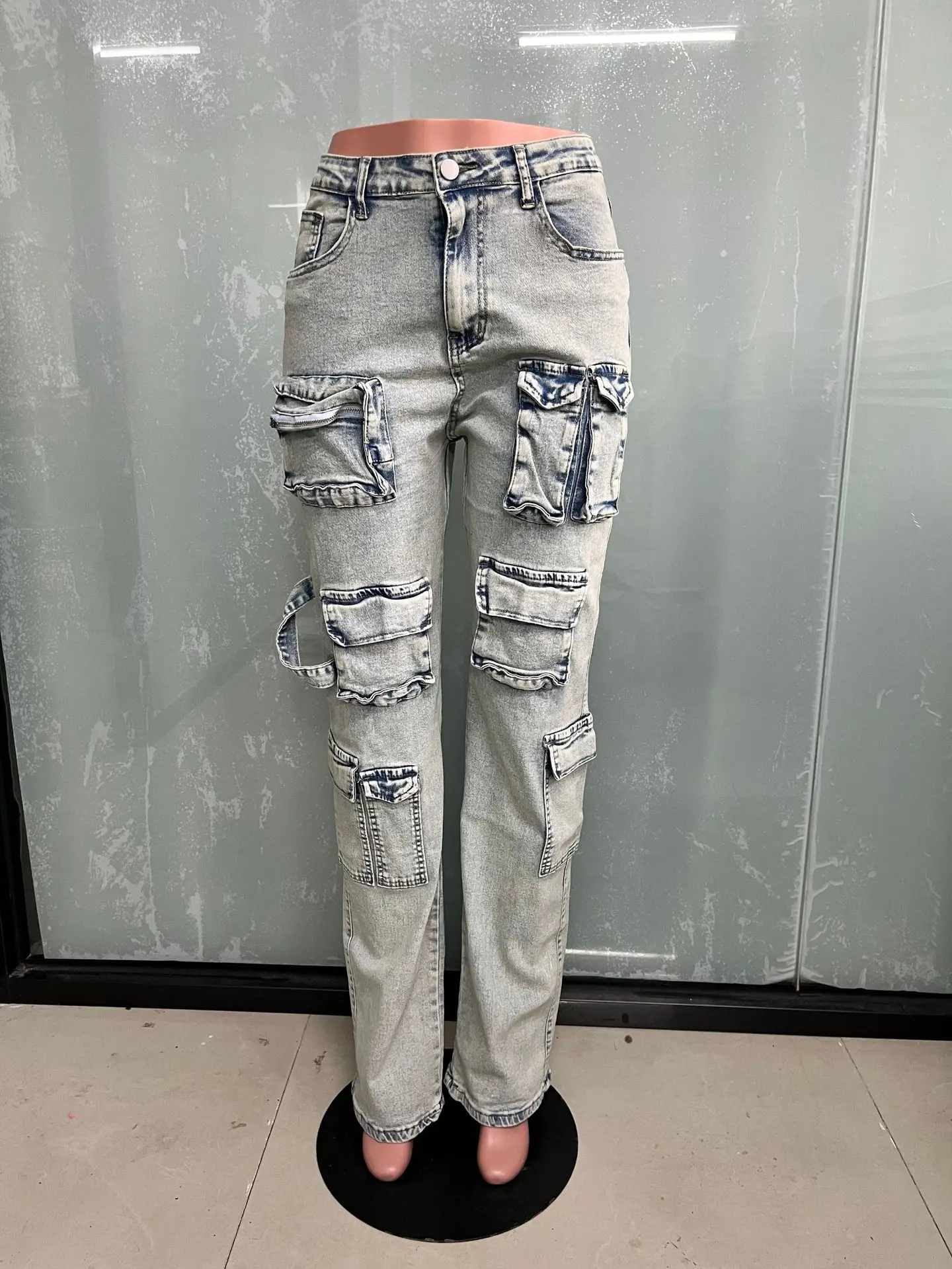 QY06062 2024 Summer Fashion Multi Pocket Denim Stretch Pants High Waist Straight Pants Streetwear Women Loose Wide Leg Jeans