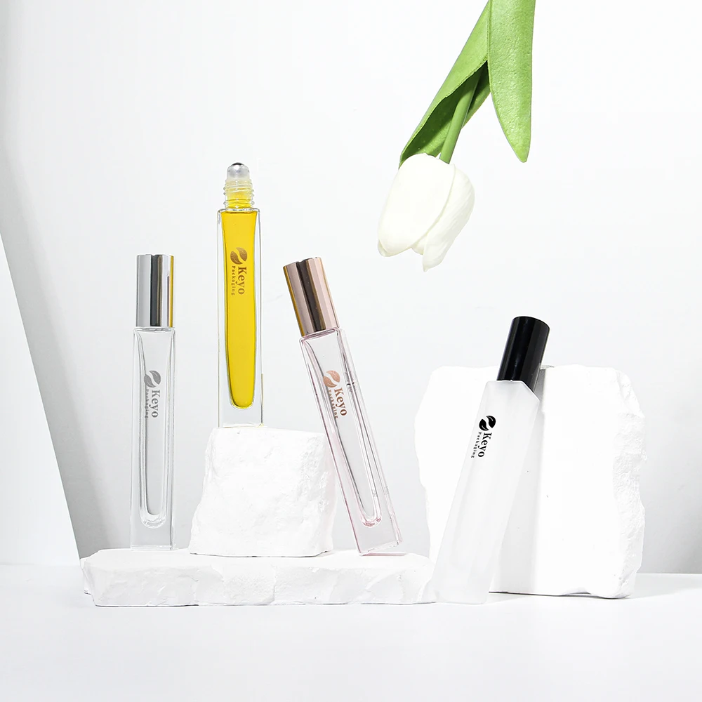 Square 10ml clear slim heavy wall thick bottom perfume bottles essential oil glass roll on roller bottle with aluminum lid