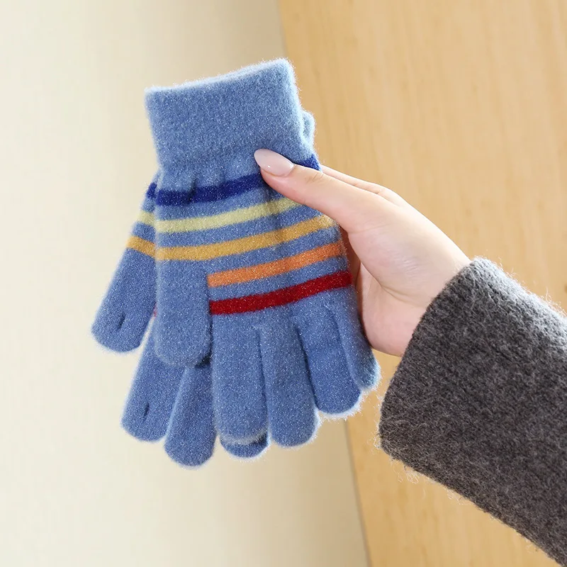 Women Winter Spring Snowy Days Holiday Gifts Outdoor Sports Rainbow Striped White Pink Blue Fluffy Warm Mittens Hand Gloves