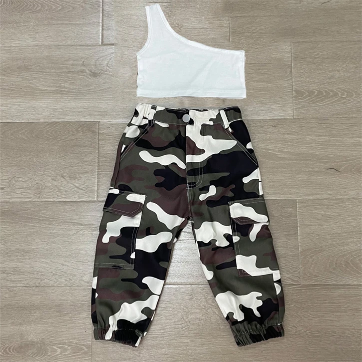 2023 new summer little girls clothing sets sexy letter print crop vest camouflage pant two piece toddler girl clothes set