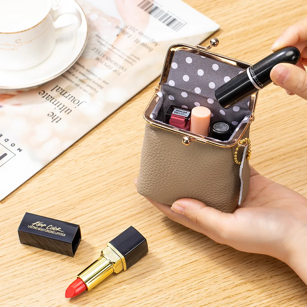 AndoBag Mini Lipstick Holder for Women Solid Color Fashion Kiss Lock Key Storage Pouch Portable Coin Purse Pendant