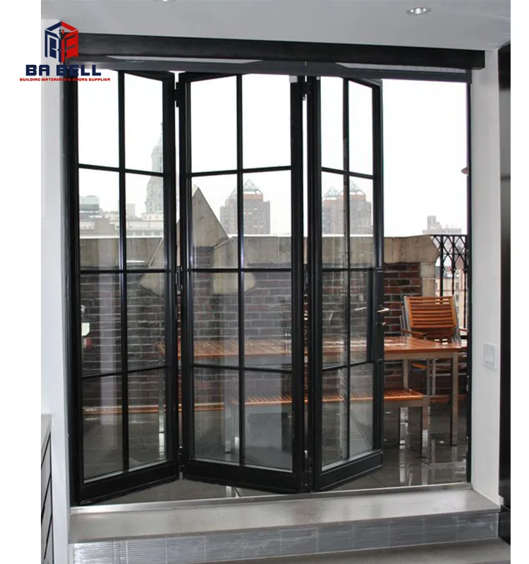 Balcony accordion black aluminium sliding glass door  folding patio doors metal frame wrought iron glass door
