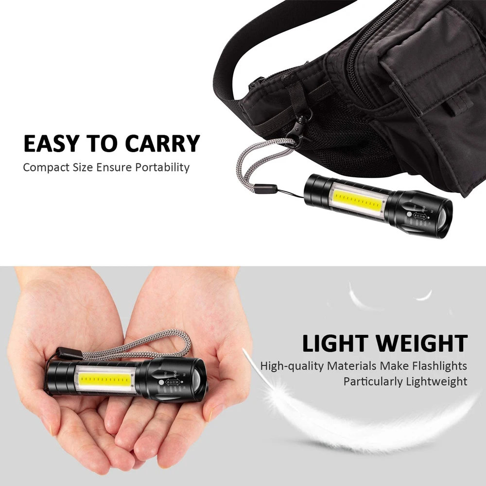 
600 Lumen IP65 Waterproof COB flashlight led Zoomable Aluminum Alloy rechargeable torch light 