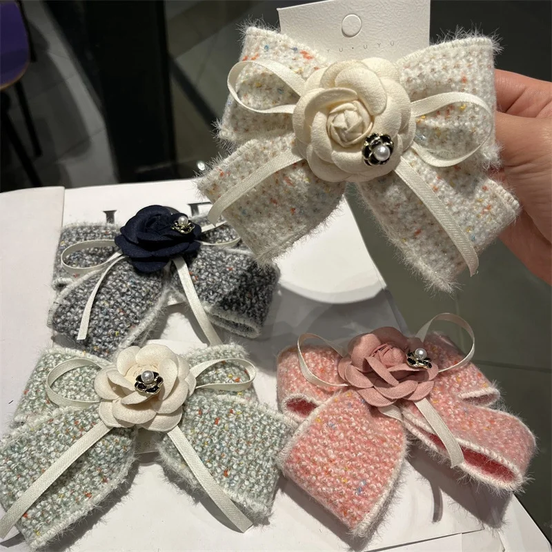 Wholesale Oversized Bowknot Hairclip Elegant Woolen Camellia Hair Clips Luxury Designer Hairclips Women Fashion Hair Accessories