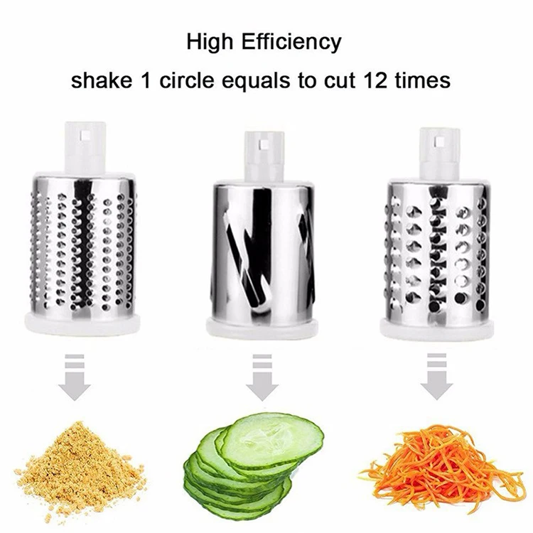 Kitchen Gadget Fruits Nuts Mandoline Vegetable Slicer Rotary Cheese Grater with 3 Interchangeable Blades