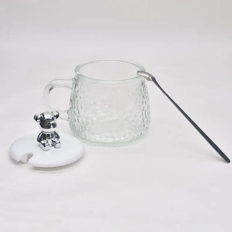 Coffee Mugs With Handle And Bear Lid High Quality Hammer Coffee Glass Cup With Spoon