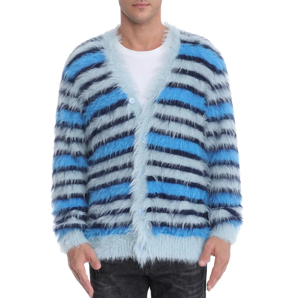 Custom LOGO men mohair sweater Furry knitwear alpaca wool knitted coat winter striped jumper Cardigan Fuzzy men mohair sweater