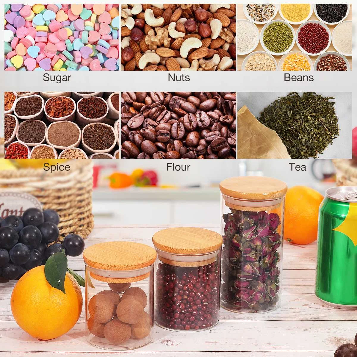 10Pcs/Set Kitchen Spice Jar Set Glass Sealed Spice Jars With Bamboo Lids Set For Coffee Beans Grains