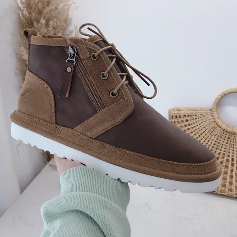 2021 New Designer Stylish Winter Lace Up Real Sheepskin Casual Ankle Leather Boots for Men