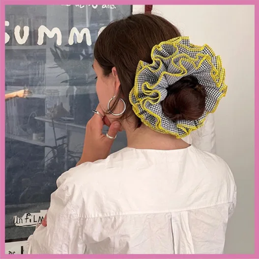 Fashion Korean 18cm Oversized XXL Large Plaid Fabric Puffy Scrunchies For Girl Pleated Double Layer Checked Hair band Accessory