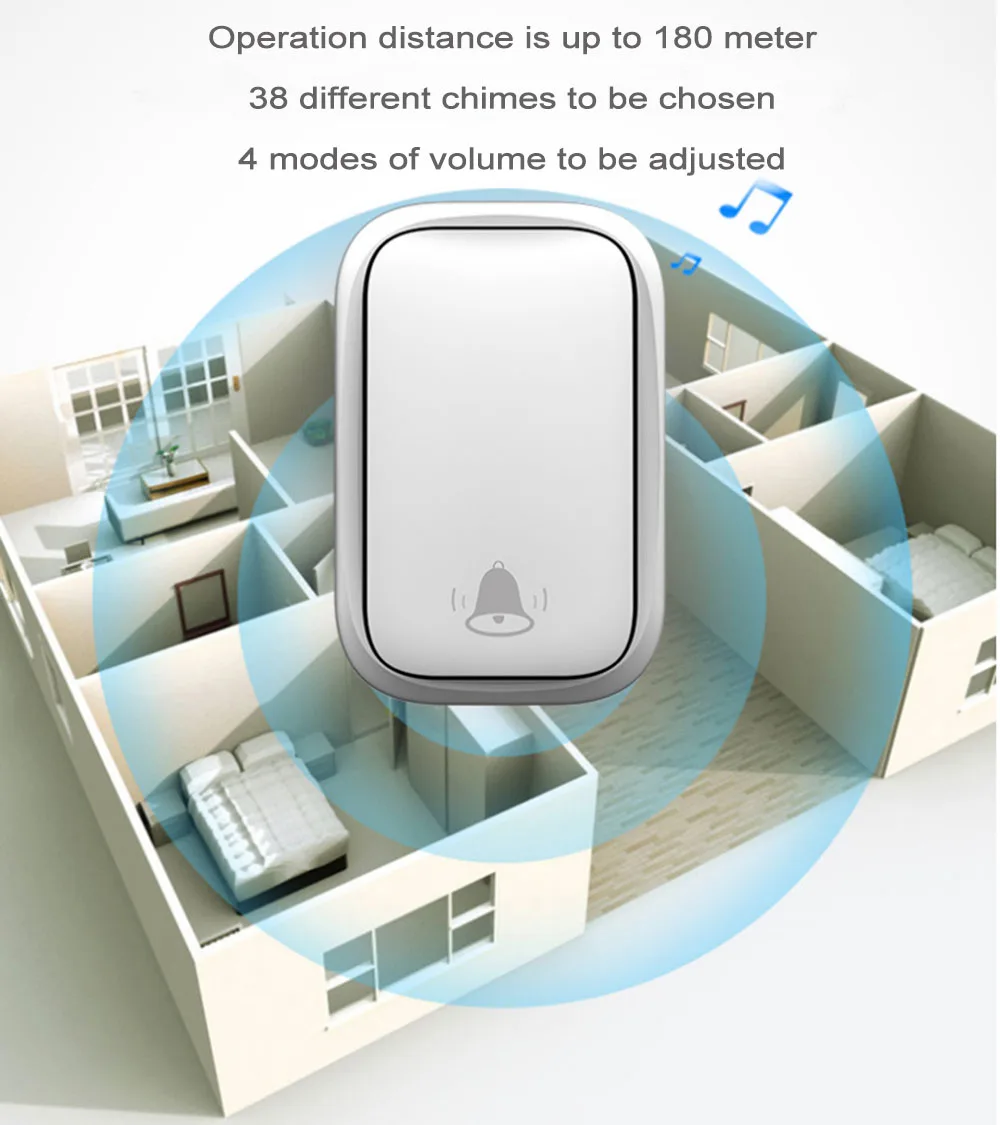 IP68 Waterproof Self-powered Wireless Doorbell Plug In Wireless Digital Doorbell Receiving Distance 180 Meters 58 Hi Fi Music