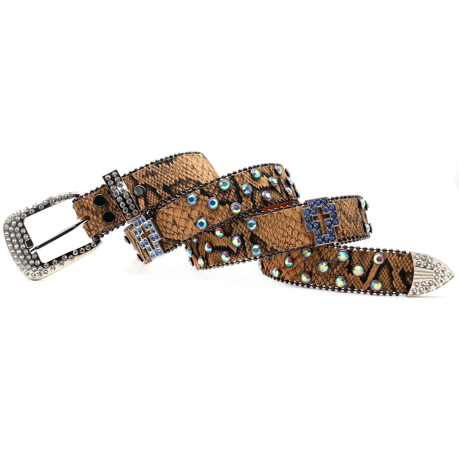Western fashion snake PU belt blue sparkling rhinestone embedded Western Belt
