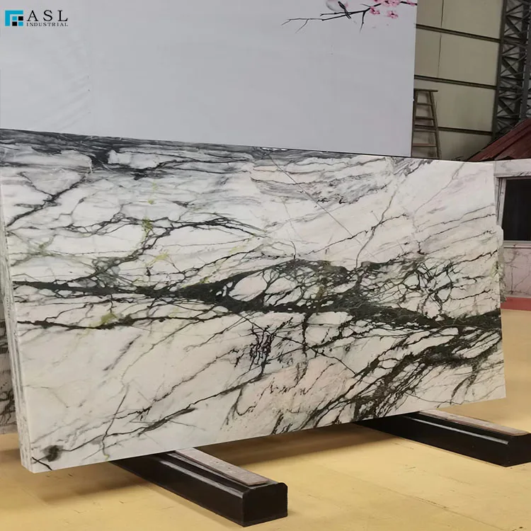 Cyan-White Bookmatch Marble Wall Tile Green Veins Orchid Jade White Marble Tiles