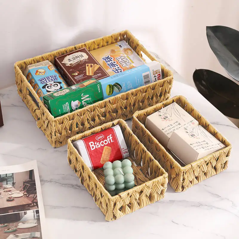 Wholesale wicker woven storage basket Desktop storage basket Rectangular organizer box shelf storage basket 1 large 2 small