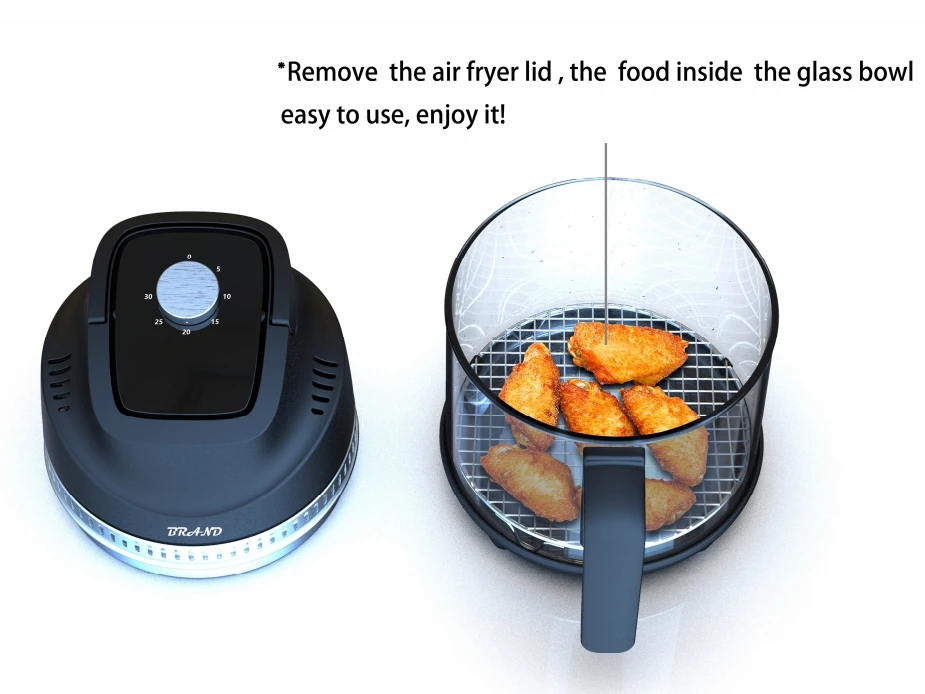 360 Visible Borosilicate Glass Air Fryer 2.5L Halogen Heating Cooker Black/Any color,3 in 1 Air Fryer&Dehydrate