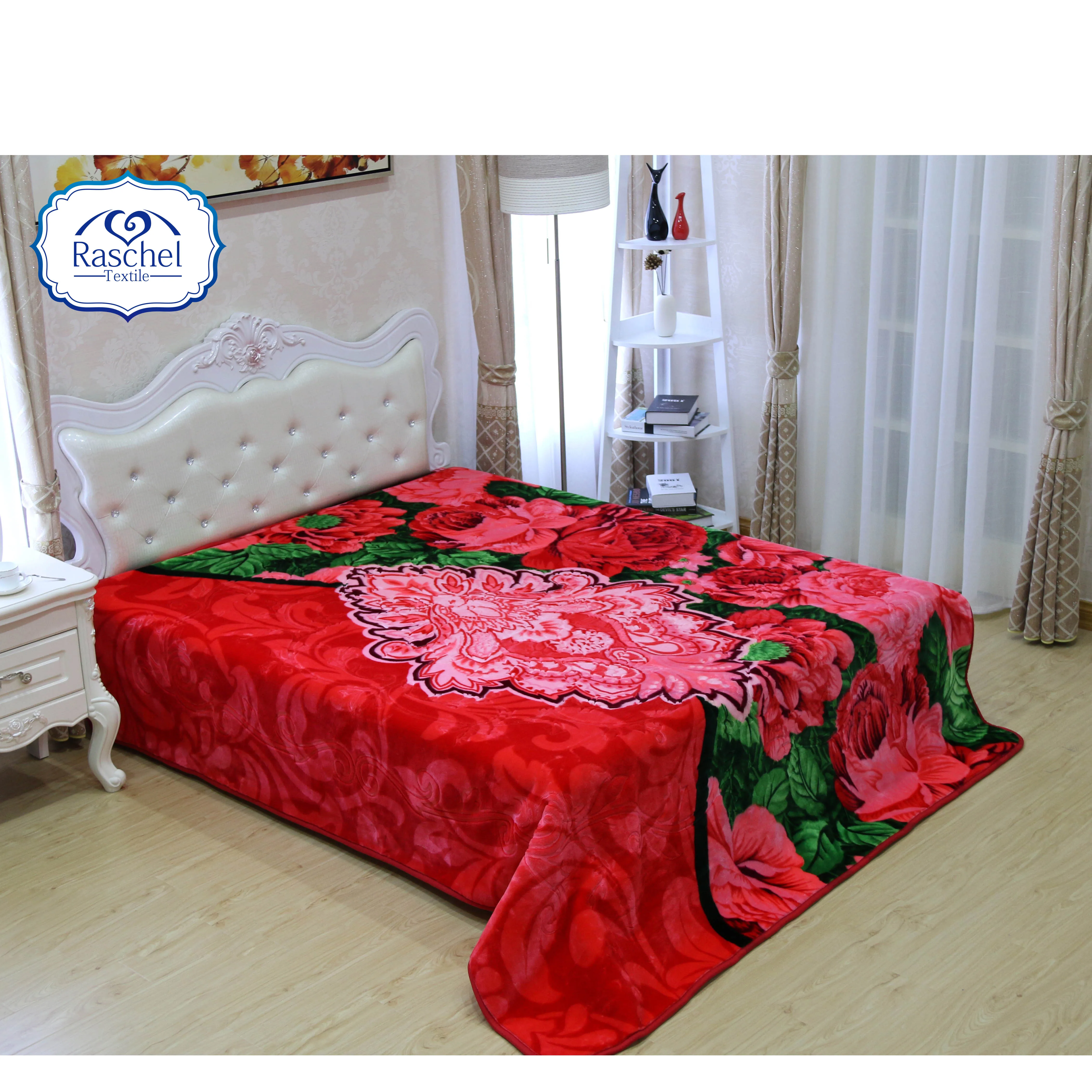 100% polyester wholesale Flower design embossed one ply raschel mink blankets